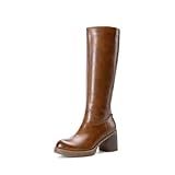 DREAM PAIRS Women's Knee High Boots Chunky Platform Heel Round Toe Boots for Women Side Zipper Stylish Comfortable Tall Boots,Size 7.5,Brown,DWUMKB2516