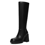 Athlefit Women's Black Knee High Boots Square Toe Boots Chunky Heel with Side Zip Booties Size 9