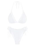 AFUL Women's Halter Triangle Bikini Set Crochet Boho Floral Swimsuit Cut Out Tie Side Two Piece Bathing Suit White S