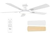 TCL Ceiling Fans with Lights, 52 Inch Low Profile Ceiling Fan with Light and Remote Control, Flush Mount, DC Reversible Motor, Noiseless, 6 Speeds Ceiling Fan for Bedroom (White)