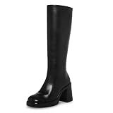 SOVANYOU Black Leather Boots Platform Knee High Boots for Women Chunky Block Heeled Go-Go Boot Square Toe High Heel Tall Boot Side Zip