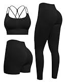 NORMOV Butt lifting Workout Sets for Women – Gym Activewear with Seamless Leggings,Shorts,and Padded Criss-Cross Sports Bras(Black,S)