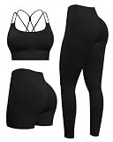 NORMOV Butt lifting Workout Sets for Women – Gym Activewear with Seamless Leggings,Shorts,and Padded Criss-Cross Sports Bras(Black,S)