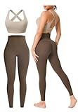 Workout Sets for Women 2 Piece Outfits Cute Gym Athletic Pilates Clothes Conjunto Deportivo Para Mujer Seamless High Waist Yoga Leggings and Padded Sports Bras Two Piece Matching Set (P080 LKh/Kha M)