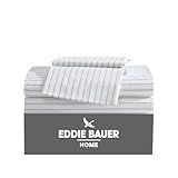 Eddie Bauer - Queen Sheet Set with Fitted Sheet & Pillowcases, 100% Cotton Percale Bedding, Crisp & Cool, Deep Pocket, Essential Stripe White