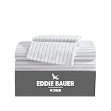 Eddie Bauer - Queen Sheet Set with Fitted Sheet & Pillowcases, 100% Cotton Percale Bedding, Crisp & Cool, Deep Pocket, Essential Stripe White