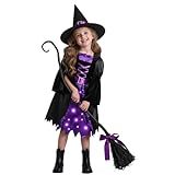 Kiddokids Witch Costume for Girls- Light-Up Dress with Hat & Broom Accessories, Halloween Costume Set for 3-12 Years, Purple Witch Outfit for Halloween Parties & Role Play