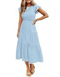 ZESICA Women's 2025 Summer Casual Flutter Short Sleeve Crew Neck Smocked Elastic Waist Tiered Midi Dress,Blue,X-Large