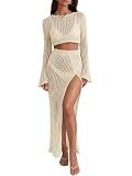 Saodimallsu Womens Crochet Beach Cover Ups Set 2 Piece 2026 Boat Neck Crop Long Sleeve Tops High Slit Maxi Skirt Sets Beige