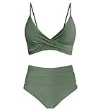Amy Babe Women's High Waisted Bikini Sets Push Up Twist Front Spaghetti Straps Ruched Two Piece Swimsuit Bathing Suit Olive (Large)