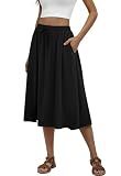 MLXSJ Women's Midi Skirt Summer Pleated Flowy Elastic High Waisted Skirts with Pockets (Black, XL)