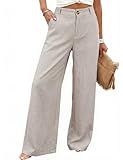 Hooever Womens Cotton Linen Pants Casual Button Up High Waisted Wide Leg Trousers(Khaki-Large01)