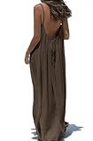 D.Yi Backless Cami Dress Womens Summer Casual Sleeveless Dresses for Beach 2025 Vacation V Neck Tshirt Spaghetti Strap Loose Fit Sundress Womens Plain Dress Summer Clothes Women Brown