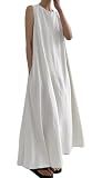 CHARTOU Women Casual Cotton Linen Sleeveless Maxi Dress Ruffle Shift Dress Flowy Beach Summer Long Tank Dress (Large, White)