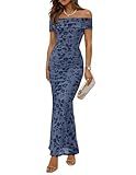 ZESICA Women's Summer Off Shoulder Floral Bodycon Maxi Dress 2026 Ruched Elegant Formal Cocktail Wedding Guest Long Dresses, Dustyblue, S