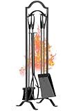 FEED GARDEN 29 Inch Fireplace Tools Set 5 Pieces Indoor Outdoor Wrought Iron Fireplace Accessories Set Wood Stove Fire Place Set with Heavy Duty Tongs,Poker,Shovel,Brush and Stand,Black