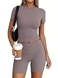 Trendy Queen 2 Piece Summer Cute Workout Sets Gym Short Set Pilates Yoga Outfits Going Out Spring Athletic Comfy Active Wear CoffeeGrey S