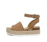 Soda Topic Open Toe Buckle Ankle Strap Espadrilles Flatform Wedge Casual Sandal (Tan, 8.5)