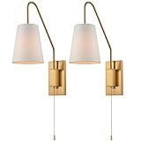 JEENKAE Modern Brass Plug-in Wall Sconces Set of Two Fabric Shade Bedroom Wall Lamp with Pull Chain Switch