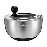 SveBake 5.3Qt Stainless Steel Salad Spinner with Stop Button, BPA-Free Vegetable Lettuce Spinner, Transparent Lid & Drainage Hole, Non-Slip Base, Dishwasher Safe Fruit Washer