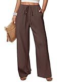 ANRABESS Women's Wide Leg Beach Pants Elastic Waist Lightweight Casual Flowy Palazzo Lounge Trousers with Pockets Brown Medium