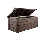 Keter Westwood 150 Gallon Deck Box Organizer, Doubles as 2-Person Bench Seat, Brown – Large Resin Outdoor Storage and Seating with Lockable Lid for Garden, Pool, and Patio