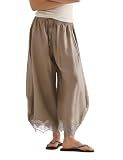 PUWEI Women's Cropped Lace-Hem Pants High Waisted Drawstring Wide Leg Pants Casual Lightweight Trousers with Pockets (Khaki-S)