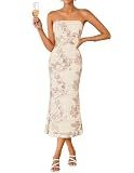 ZESICA Cocktail Wedding Guest Dresses for Women 2026 Summer Strapless Floral Bodycon Mesh Tube Formal Party Midi Dress Almond Large