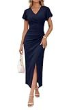 OWIN Women's Elegant Wrap V Neck Cocktail Dress Flutter Sleeve Ruched Bodycon Midi Dress with Front Slit Wedding Guest Party Formal Dress Navy S