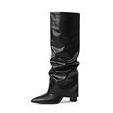 Modatope Black Slouchy Boots for Women Knee High Boots Zipper Fold Over Boots Pointed Toe Chunky Heeled Knee High Boots Tall Boots Size 8