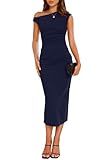 IHOT Party Dresses for Women Classic One Shoulder Sleeveless Ruched Bodycon Wedding Guest Slit Midi Dresses Sexy Formal Cocktail Night Out Evening Dating Dress Navy Small