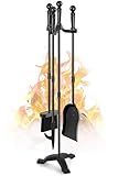 Gtongoko Fireplace Tools Set 4 Pcs 30 Inch Black Wrought Iron Large Fire Tool Set for Outdoor/Indoor Include Chimney Poker, Antique Shovel, Rustic Brush and Stand Accessories Set