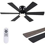Asyko Ceiling Fans with Lights,46" Low Profile Ceiling Fan with Light and Remote Control,Flush Mount, Reversible, Dimmable, Noiseless, Black Ceiling Fan for Bedroom