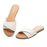FITORY Women's Flat Sandals Fashion Slides With Soft Leather Slippers for Summer White Size 7