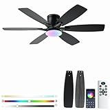 52inch Black Ceiling Fans with Lights and Remote/App Control, Low Profile Ceiling Fan with Light and 6 Double-Side blades, Flush Mount, LED/RGB Dimmable DC Reversible Modern Ceiling Fan for Bedroom