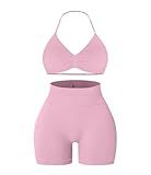 Comper 2 Piece Workout Sets for Women Halter Strappy Sports Bra with Seamless Ribbed Gym Yoga shorts Outfits