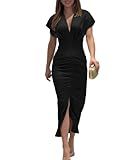 CHICME Summer Dresses for Women Floral Print Plunge V Neck Midi Dress Casual Ruched Slit Bodycon Party Dress Black-L