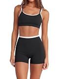SUUKSESS Women 2 Pieces Workout Sets Padded Spaghetti Straps Tank Tops High Waist Biker Shorts Gym Yoga Active Wear Matching Sets (Black, M)