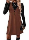 Fall Dresses for Women 2 Piece Sets Long Sleeve Winter Dress Travel Vacation Outfits Sleeveless V Neck Overall Dress with Pockets Abvoe Knee Caramel M