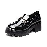 Black Platform Loafers for Women - Women's Slip-On Patent Leather Loafers, Chunky Comfort Shoes for Work & Dressy Occasions