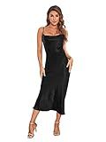 Women's Spaghetti Strap Midi Satin Silk Dresses Slip Cowl Neck Party Cocktail Evening Sexy Dress Black