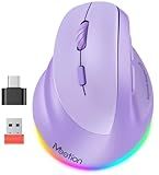 MEETION Left-Handed Mouse, Ergonomic Mouse Wireless Vertical Mouse, RGB Rechargeable Mice for Bluetooth(5.2 + 3.0) & USB-A with Type-c Adapter 4 Adjustable DPI for Mac/Windows/PC/Tablet/iPad Purple
