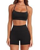 SUUKSESS Women 2 Piece Workout Sets Padded Halter Sports Bras High Waisted Biker Shorts with Pockets Built in Bra Athletic Tops (Black, S)