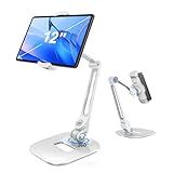 JUNEBOX Adjustable Desk Tablet Stand, 360° Swivel iPad Kiosk Stand Fits for 4.7"-12" iPad Air mini Pro, iPhone, Samsung POS, Kindle, Aluminu Alloy Foldable Arm Holder for Store Kitchen Desktop, White