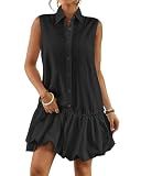 Bsubseach Women Casual Summer Linen Dress Bubble Mini Dress Black M
