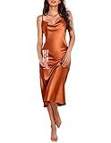 Ekouaer Womens Satin Nightgown Long Slip Sleep Dress Silk Cowl Neck Spaghetti Strap Satin Slip Nightshirt Rust Brown