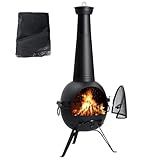 Chiminea Outdoor Fireplace Prairie Fire Patio Backyard Wooden Fire Pit with Chiminea Cover Rust-Free Iron Black