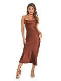Women's Spaghetti Strap Midi Satin Silk Dresses Slip Cowl Neck Party Cocktail Evening Sexy Dress Brown