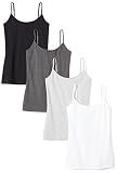 Amazon Essentials Women's Slim-Fit Camisole with Adjustable Straps, Layering Cami, Pack of 4, Black/Charcoal Heather/Light Grey Heather/White, Small