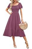 AUSELILY Women's Summer Smocked Short Sleeve Midi Dress Mauve